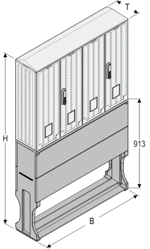 OS 53x2x80-2 + FP Kasten GFK mit Sockel mit Trennwand, glatt, Schrägdach, 4-türig, 2 Sperren, BxHxT=1058x1728x245