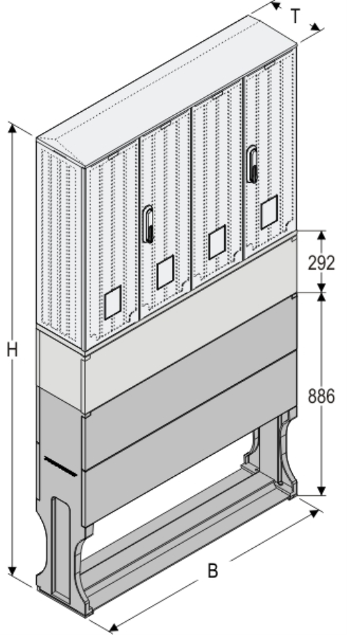 OS 53x2x80-2 + KP + F Kasten GFK mit Kurzsockel mit Trennwand + Sockel, glatt, Schrägdach, 4-türig, 2 Sperren, BxHxT=1058x1972x245