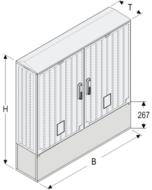 OSZ 53x2x60 + K Kasten GFK mit Kurzsockel, gerippt, Schrägdach, 2-türig, 2 Sperren, BxHxT=1058x884x245