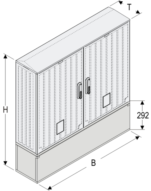 OSZ 53x2x60 + KP Kasten GFK mit Kurzsockel mit Trennwand, gerippt, Schrägdach, 2-türig, 2 Sperren, BxHxT=1058x909x245