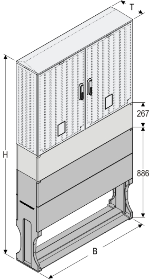 OS 53x2x60 + K + F Kasten GFK mit Kurzsockel + Sockel, glatt, Schrägdach, 2-türig, 2 Sperren, BxHxT=1058x1747x245