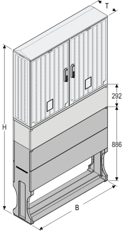 OSZ 53x2x80 + KP + F Kasten GFK mit  Kurzsockel mit Trennwand + Sockel, gerippt, Schrägdach, 2-türig, 2 Sperren, BxHxT=1058x1972x245