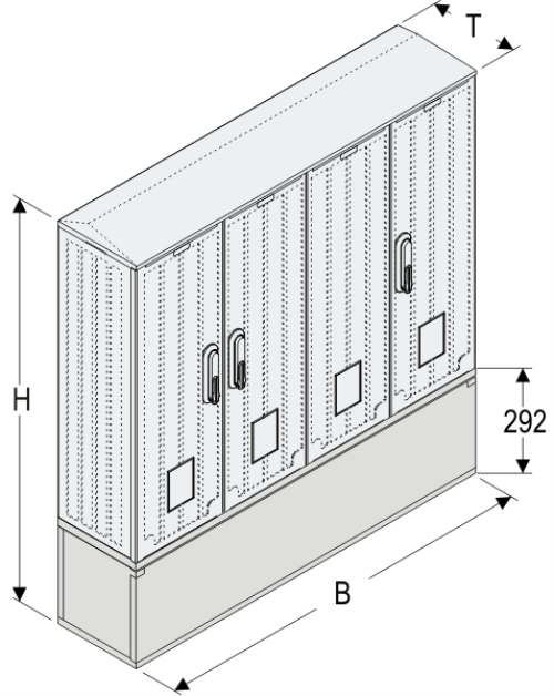 OS 26x2/53x80-2 + KP Kasten GFK mit Kurzsockel mit Trennwand, glatt, Schrägdach, 4-türig, 3 Sperren, BxHxT=1058x1109x245