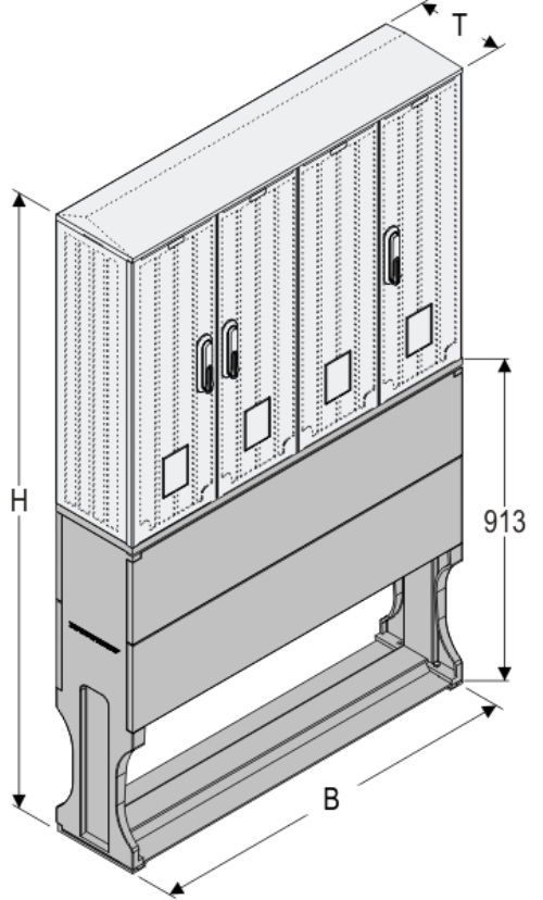 OS 26x2/53x60-2 + FP Kasten GFK mit Sockel mit Trennwand, glatt, Flachdach, 4-türig, 3 Sperren, BxHxT=1058x1508x245