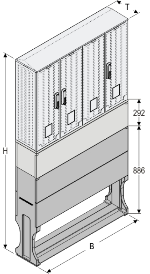 OS 26x2/53x80-2 + KP + F Kasten GFK mit Kurzsockel mit Trennwand + Sockel, glatt, Flachdach, 4-türig, 3 Sperren, BxHxT=1058x1952x245