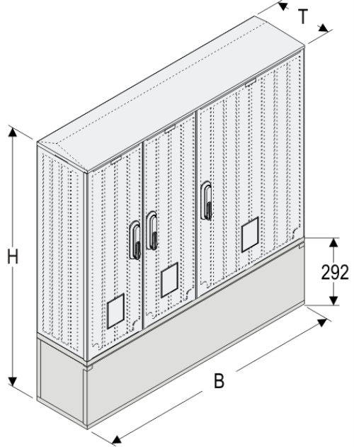 OS 26x2/53x60 + KP Kasten GFK mit Kurzsockel mit Trennwand, glatt, Schrägdach, 3-türig, 3 Sperren, BxHxT=1058x909x245