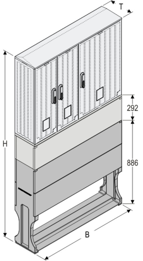 OS 26x2/53x60 + KP + F Kasten GFK mit  Kurzsockel mit Trennwand + Sockel, glatt, Schrägdach, 3-türig, 3 Sperren, BxHxT=1058x1772x245