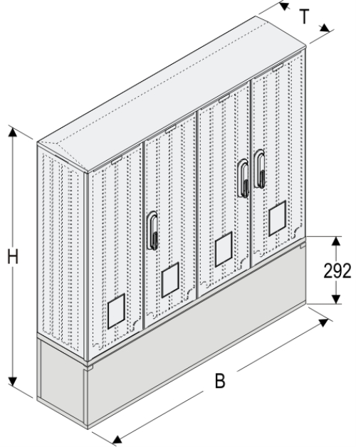 OSZ 53/2x26x60-2 + KP Kasten GFK mit Kurzsockel mit Trennwand, gerippt, Flachdach, 4-türig, 3 Sperren, BxHxT=1058x889x245