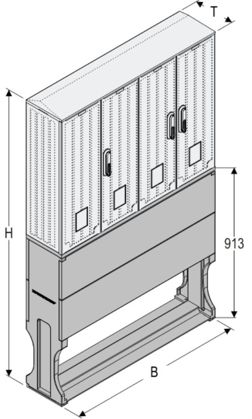 OS 53/2x26x60-2 + FP Kasten GFK mit Sockel mit Trennwand, glatt, Flachdach, 4-türig, 3 Sperren, BxHxT=1058x1508x245