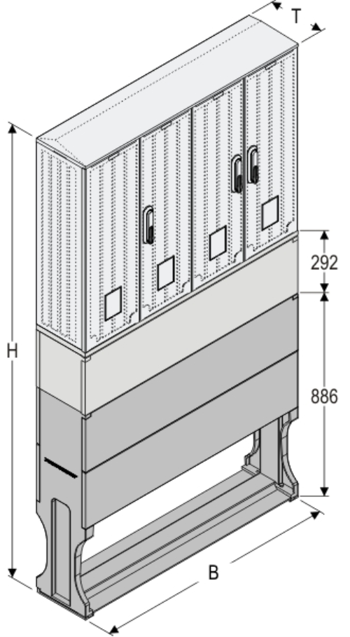 OSZ 53/2x26x60-2 + KP + F Kasten GFK mit Kurzsockel mit Trennwand + Sockel, gerippt, Schrägdach, 4-türig, 3 Sperren, BxHxT=1058x1772x245
