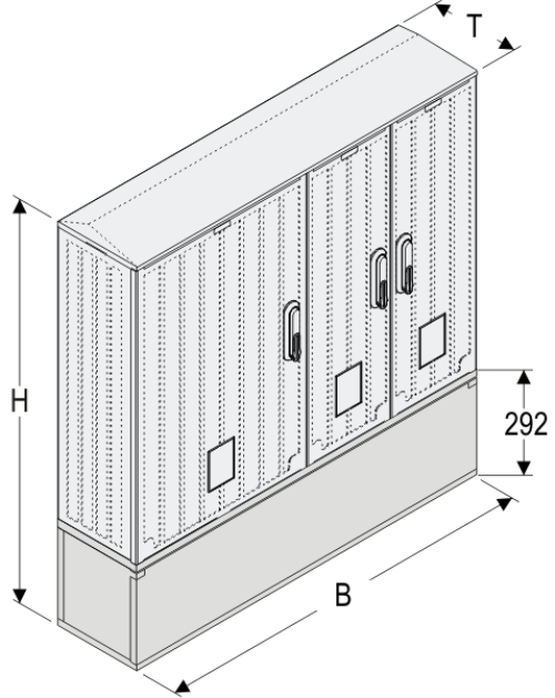 OSZ 53/2x26x60 + KP Kasten GFK mit Kurzsockel mit Trennwand, gerippt, Schrägdach, 3-türig, 3 Sperren, BxHxT=1058x909x245