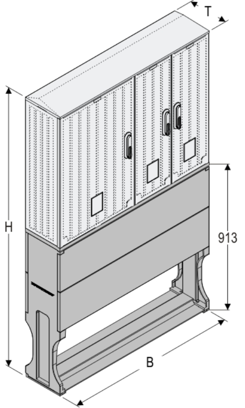 OS 53/2x26x80 + FP Kasten GFK mit Sockel mit Trennwand, glatt, Flachdach, 3-türig, 3 Sperren, BxHxT=1058x1708x245