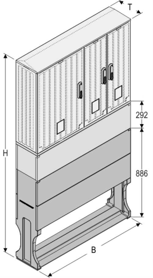 OSZ 53/2x26x60 + KP + F Kasten GFK mit  Kurzsockel mit Trennwand + Sockel, gerippt, Flachdach, 3-türig, 3 Sperren, BxHxT=1058x1752x245