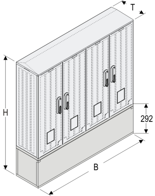 OSZ 26x4x60 + KP Kasten GFK mit Kurzsockel mit Trennwand, gerippt, Schrägdach, 4-türig, 4 Sperren, BxHxT=1058x909x245