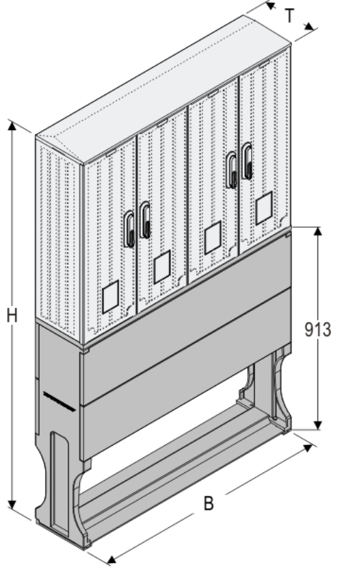 OS 26x4x80 + FP Kasten GFK mit Sockel mit Trennwand, glatt, Flachdach, 4-türig, 4 Sperren, BxHxT=1058x1708x245