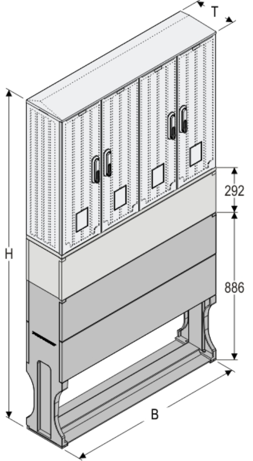 OS 26x4x60 + KP + F Kasten GFK mit Kurzsockel mit Trennwand + Sockel, glatt, Schrägdach, 4-türig, 4 Sperren, BxHxT=1058x1772x245