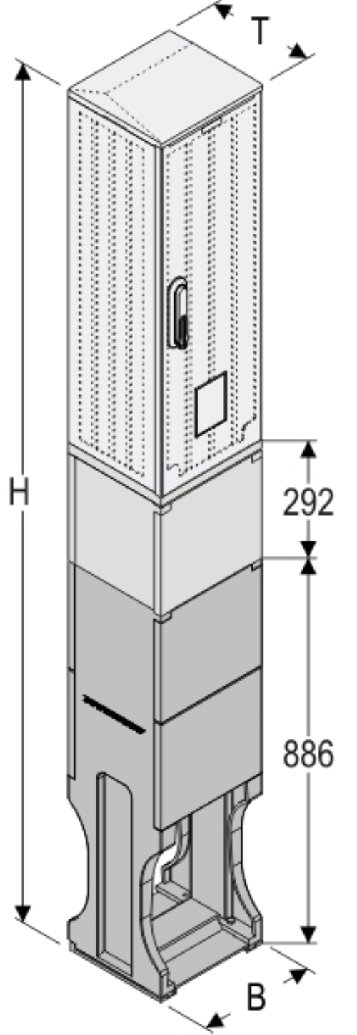 OSi 26x80 KP + F Kasten GFK mit Kurzsockel mit Trennwand + Sockel + Isolierstützer, glatt, Flachdach, 1-türig, 1 Sperre, BxHxT=264x1952x245