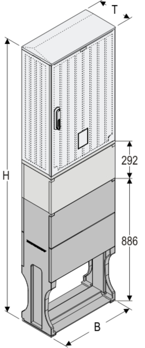 OSZi 53x80 KP + F Kasten GFK mit Kurzsockel mit Trennwand + Sockel + Isolierstützer, gerippt, Schrägdach, 1-türig, 1 Sperre, BxHxT=528x1972x245