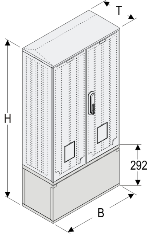 OSZi 53x80-2 + KP Kasten GFK mit Kurzsockel mit Trennwand + Isolierstützer, gerippt, Schrägdach, 2-türig, 1 Sperre, BxHxT=528x1109x245