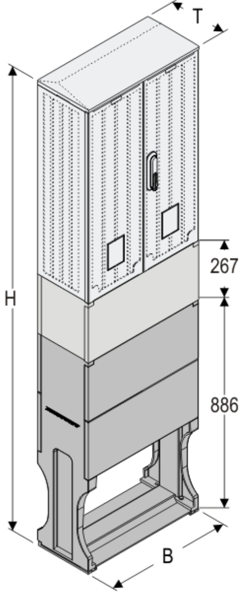 OSZi 53x80-2 + K + F Kasten GFK mit Kurzsockel + Sockel + Isolierstützer, gerippt, Schrägdach, 2-türig, 1 Sperre, BxHxT=528x1947x245