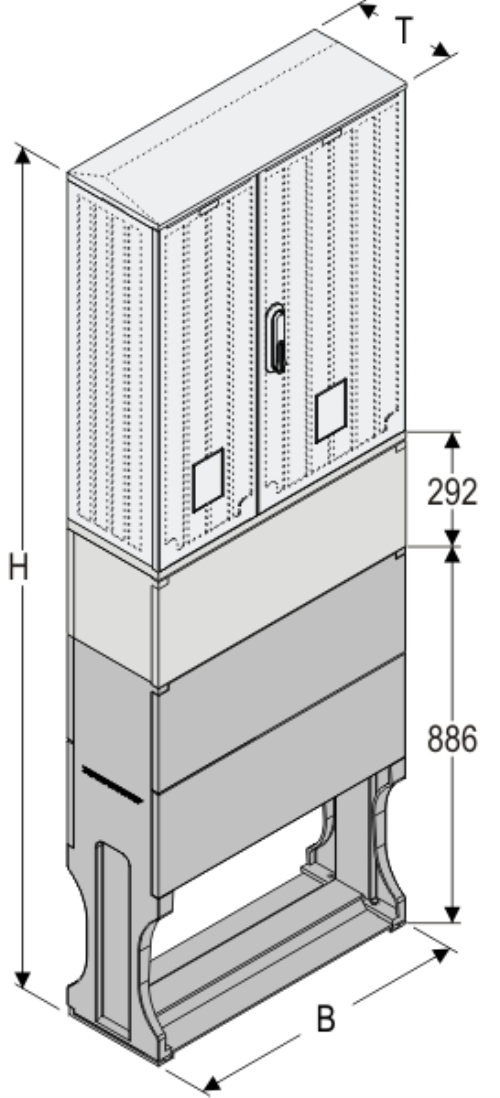 OSi 66x80 KP + F Kasten GFK mit Kurzsockel mit Trennwand + Sockel + Isolierstützer, glatt, Schrägdach, 2-türig, 1 Sperre, BxHxT=660x1972x245