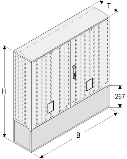 OSZi 106x80 + K Kasten GFK mit Kurzsockel + Isolierstützer, gerippt, Flachdach, 2-türig, 1 Sperre, BxHxT=1058x1064x245