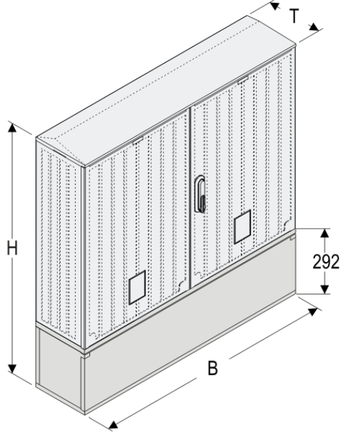 OSZi 106x80 + KP Kasten GFK mit Kurzsockel mit Trennwand + Isolierstützer, gerippt, Flachdach, 2-türig, 1 Sperre, BxHxT=1058x1089x245