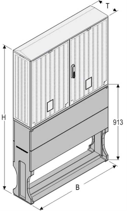 OSZi 106x80 + FP Kasten GFK mit Sockel mit Trennwand + Isolierstützer, gerippt, Schrägdach, 2-türig, 1 Sperre, BxHxT=1058x1728x245