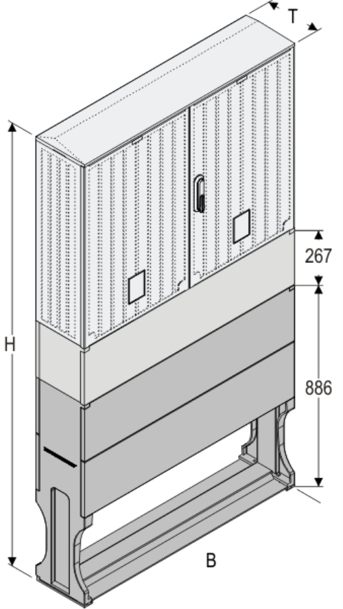 OSi 106x80 K + F Kasten GFK mit Kurzsockel + Sockel + Isolierstützer, glatt, Schrägdach, 2-türig, 1 Sperre, BxHxT=1058x1947x245