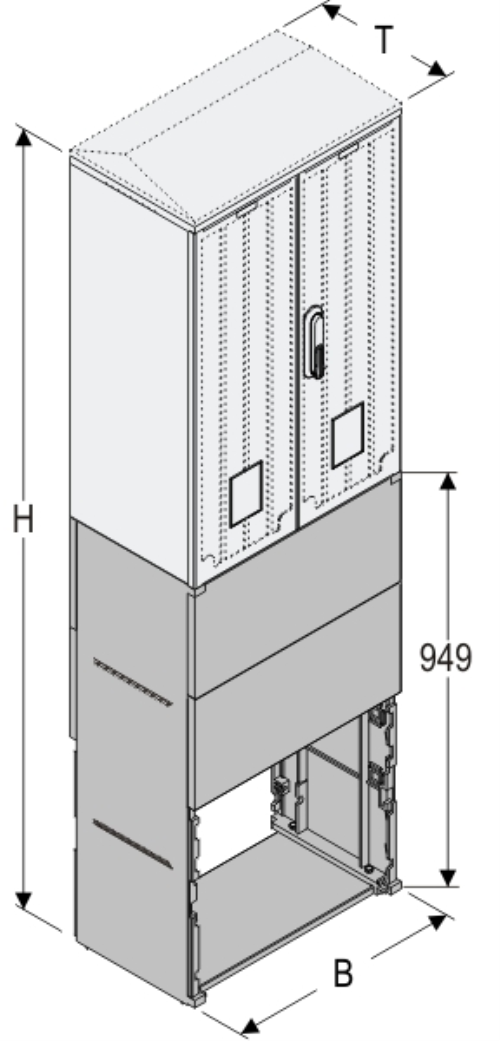 KSZ+KF 53 x 80 - 2 Kasten GFK + Sockel, gerippt, Schrägdach, 2-türig, 1 Sperre, BxHxT=528x1763x320