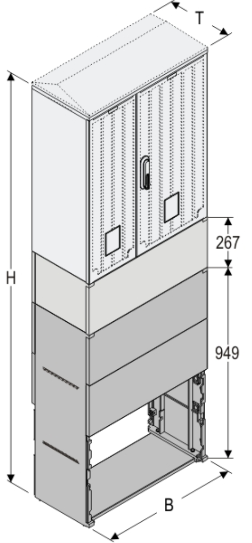 KSZ+KK+KF 66 x 60 Kasten GFK + Kurzsockel + Sockel, gerippt, Schrägdach, 2-türig, 1 Sperre, BxHxT=660x1831x320