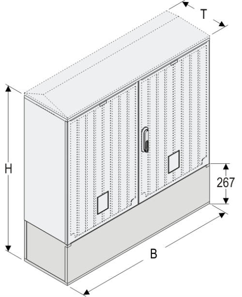 KS+KK 106 x 60 Kasten GFK + Kurzsockel, glatt, Schrägdach, 2-türig, 1 Sperre, BxHxT=1058x908x320