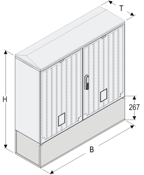 KSZi+KK 106 x 80 Kasten GFK + Kurzsockel + Isolierstützer, gerippt, Schrägdach, 2-türig, 1 Sperre, BxHxT=1058x1108x320