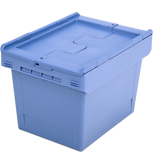 Mehrwegbehälter mit anscharniertem Klappdeckel, stapelbar, taubenblau, Außenmaß: LxBxH= 410x300x290mm