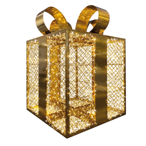 LED 3D-Figur "Geschenkspaket Gold groß" | HxBxT: 160x120x120cm | 230V/24V | 60W | warmweiß | inkl. Netzteil | IP44 |