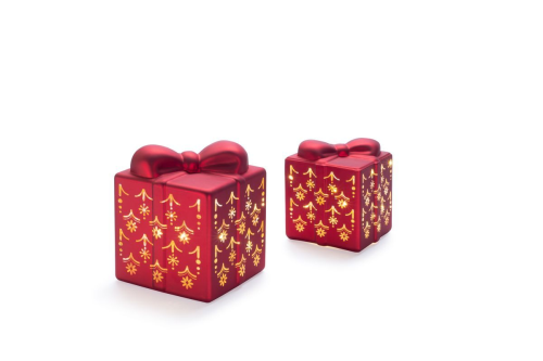 Glas Geschenkspakete 2er Set | rot | warmweiß | 22 LEDs | H: 10,5cm / 12,50cm | B: 8,80cm / 10,50cm | Timer: 6h on / 18h off | indoor | Batterie: 2x3xAAA