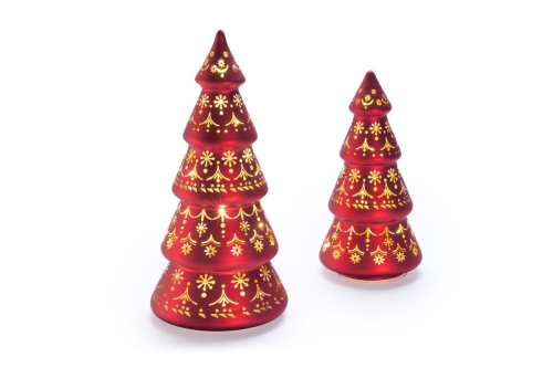 Glas Baum 2er Set | rot | warmweiß | 25 LEDs | H: 20,00cm / 25,00cm | D: 10,50cm / 12,50cm | Timer: 6h on / 18h off | indoor | Batterie: 3xAAA / 3xAA