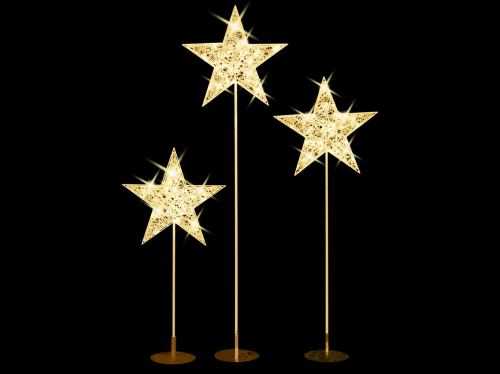 VERLEIH: 2D-Standmotive "Genval" Gold | Sterne 3er Set | 180 LEDs - davon 30 blinkend | 10W | 24V | H: 140,185 und 230cm | Sternendurchmesser: 70cm | warmweiß | inkl. Netzteil & Standfüße | IP44